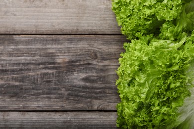 Fresh lettuce on wooden table, flat lay and space for text. Salad greens