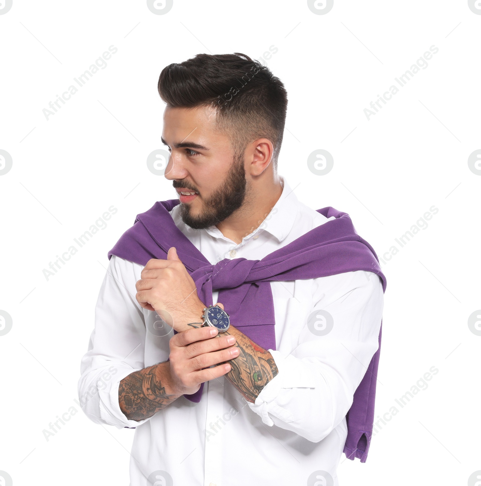 Photo of Portrait of handsome young man with watch on white background