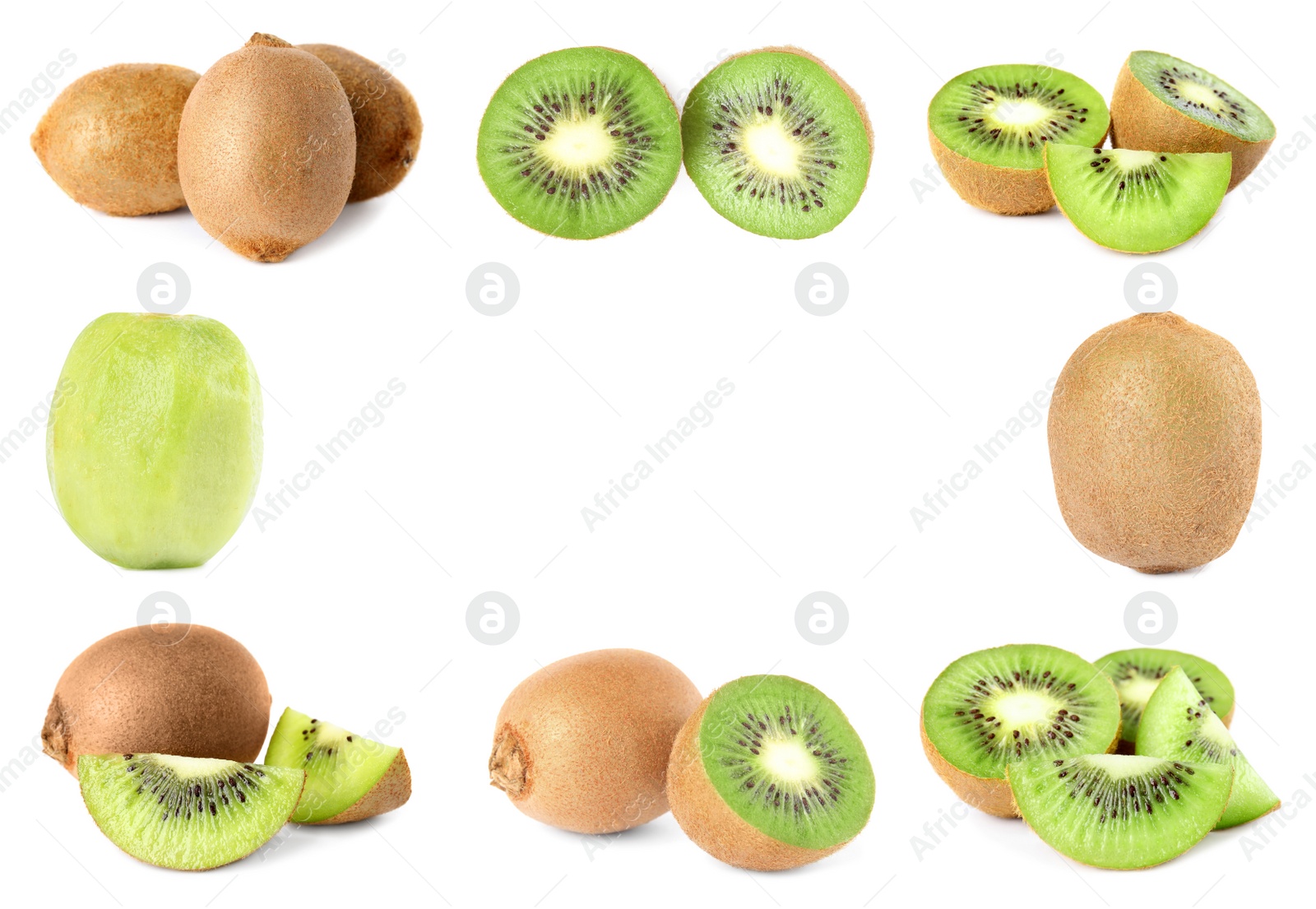 Image of Set with ripe kiwi fruits on white background