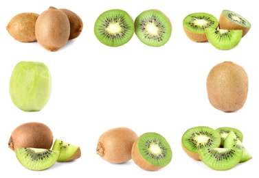 Set with ripe kiwi fruits on white background