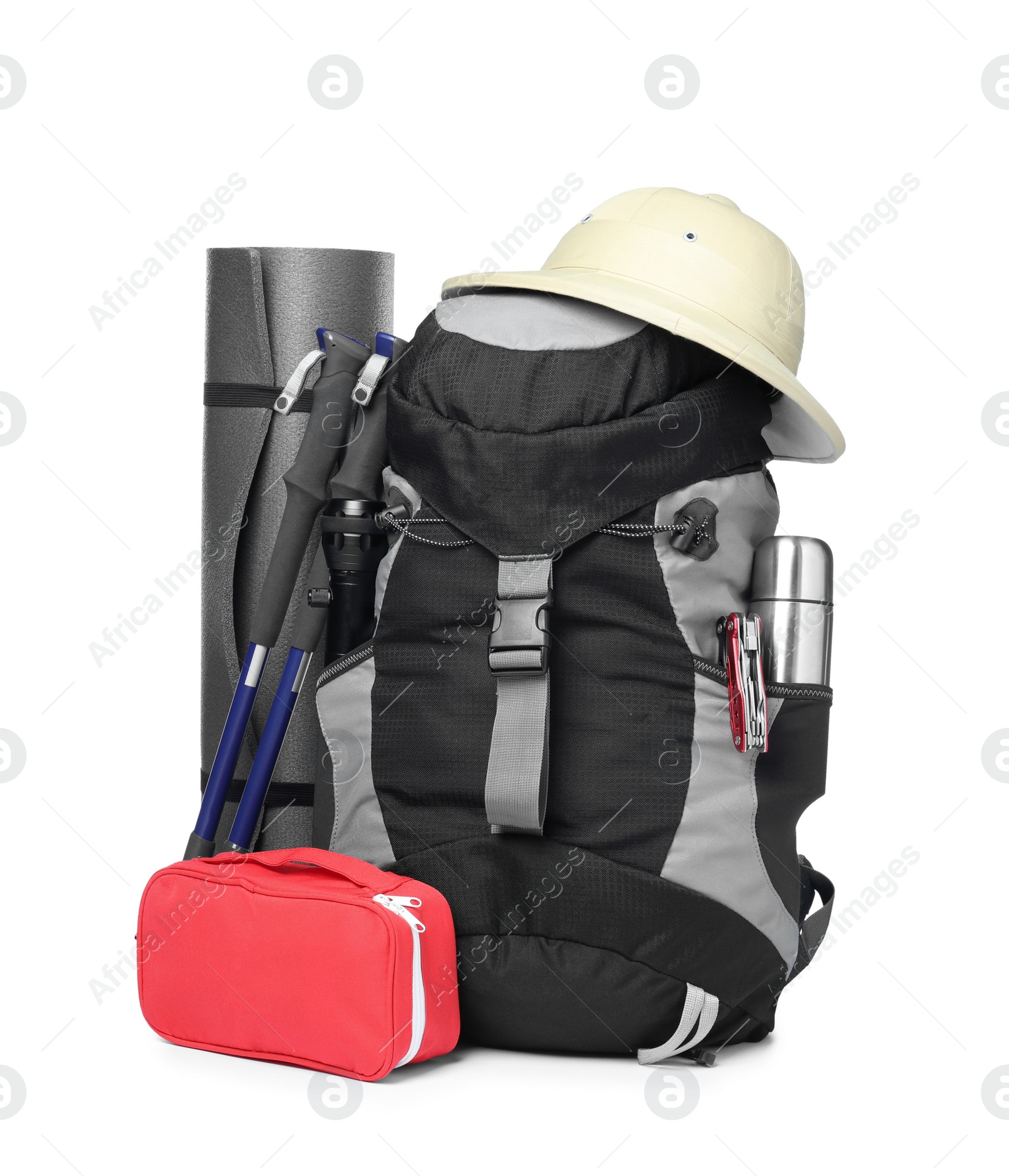 Photo of Set of camping equipment for tourist on white background