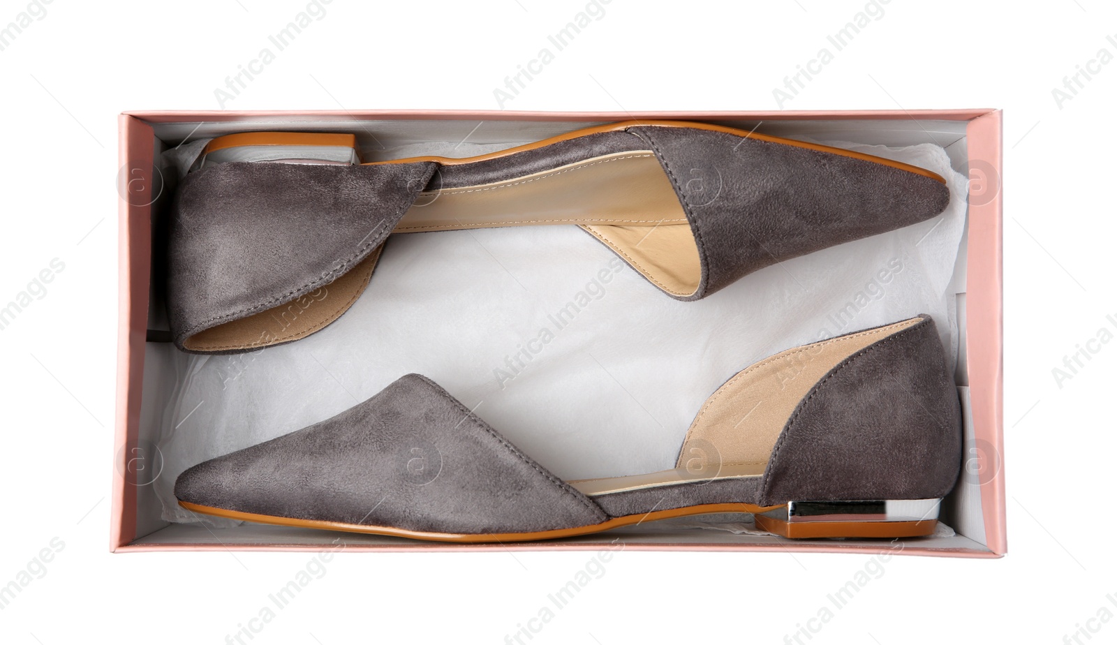 Photo of Box with pair of female shoes on white background