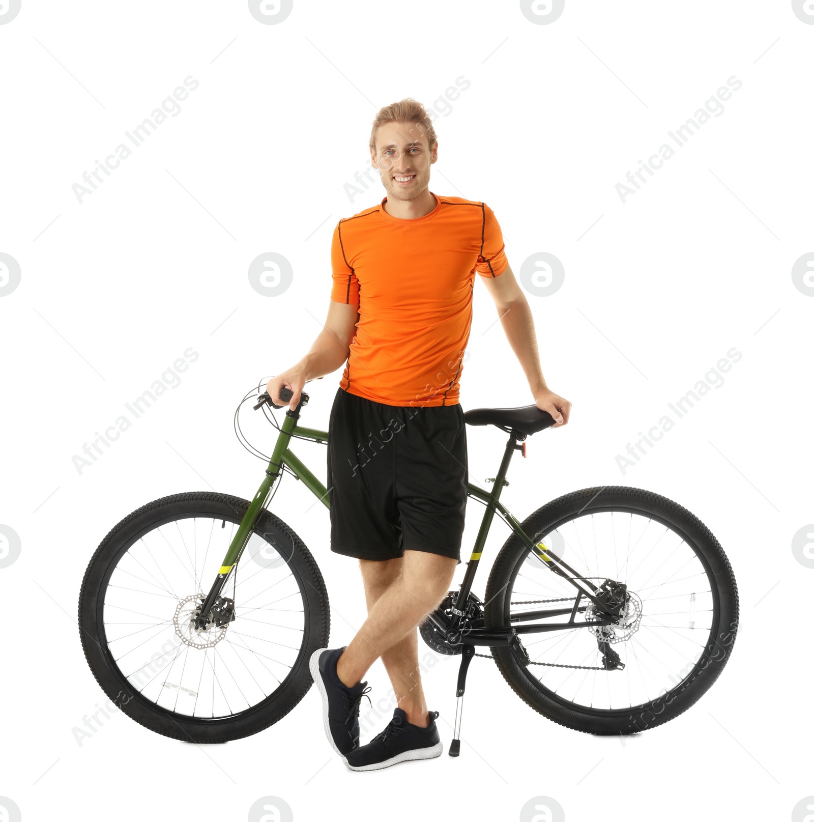 Photo of Happy young man with bicycle on white background