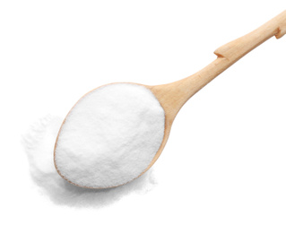 Photo of Wooden spoon of baking soda isolated on white, top view