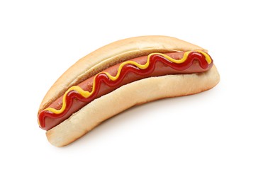 Image of Yummy hot dog with ketchup and mustard isolated on white