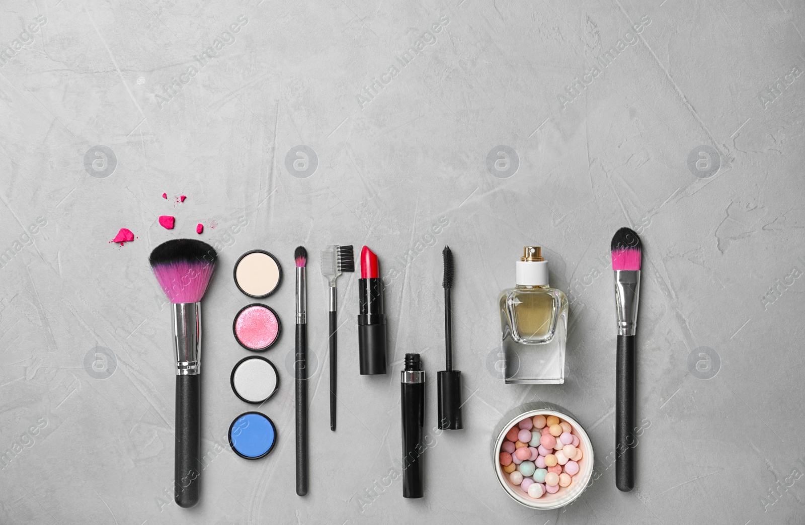 Photo of Flat lay composition with cosmetic products on grey background