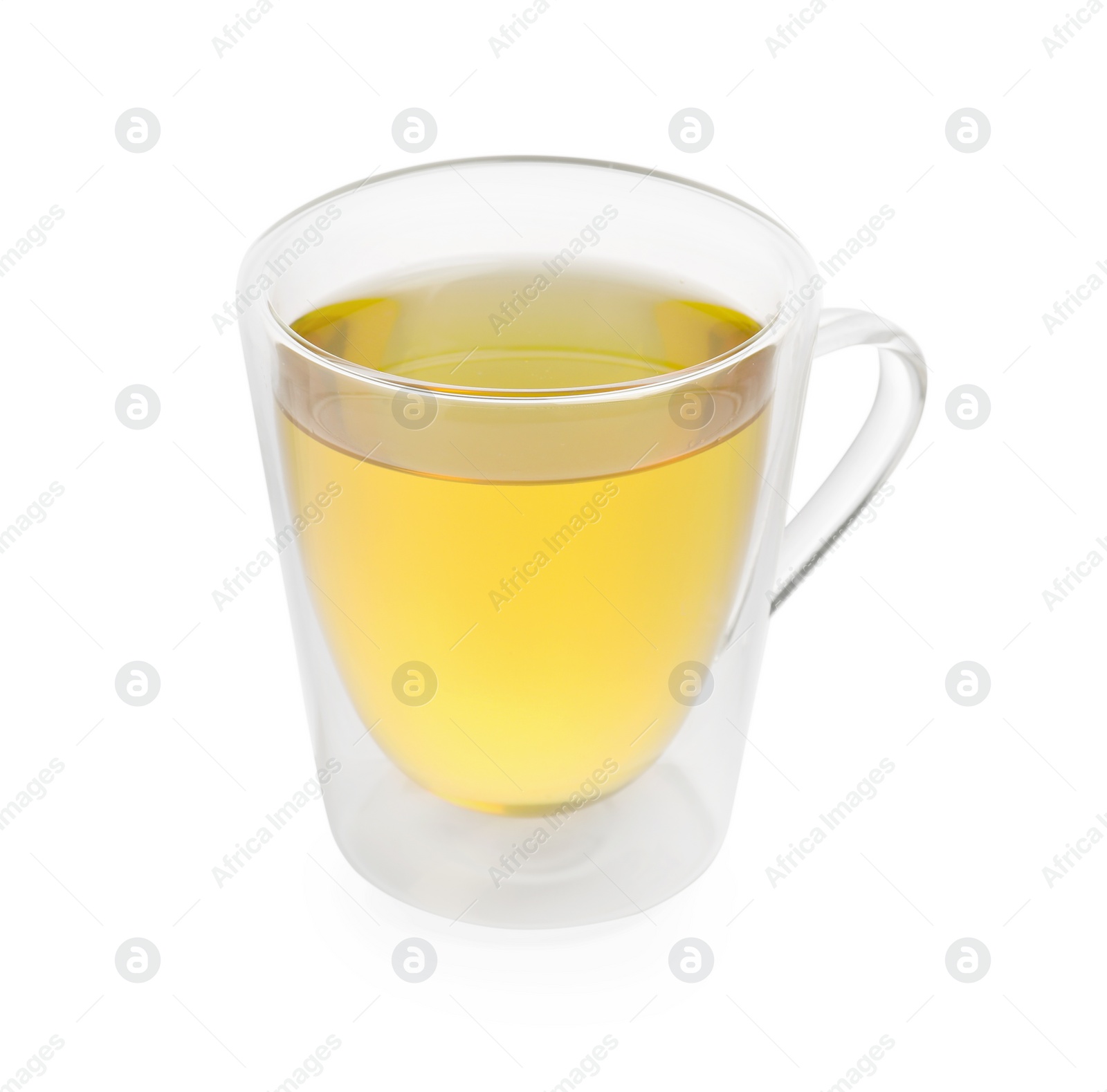 Photo of Fresh green tea in glass mug isolated on white