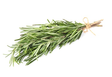 Bunch of fresh rosemary on white background, top view