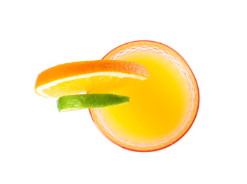 Photo of Fresh alcoholic Tequila Sunrise cocktail isolated on white, top view