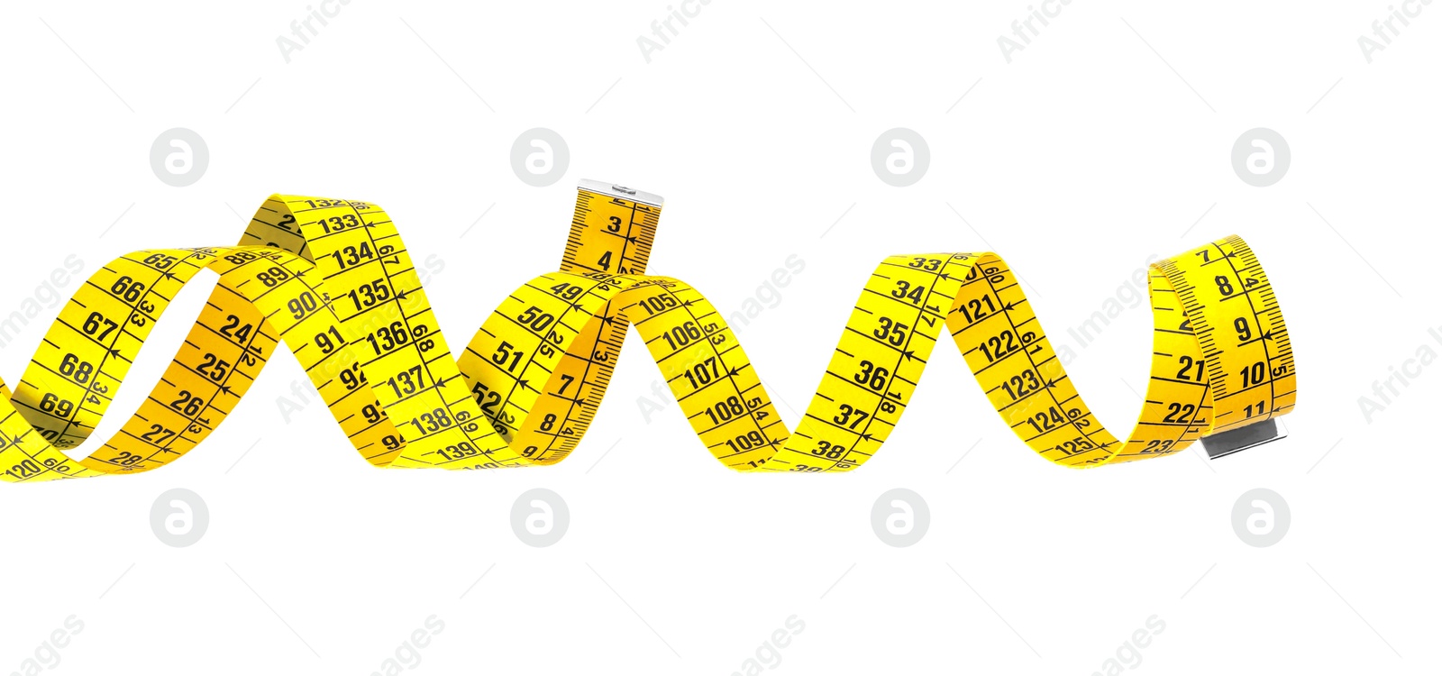 Photo of New yellow measuring tape isolated on white, top view