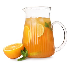 Freshly made lemonade in jug, orange and mint isolated on white