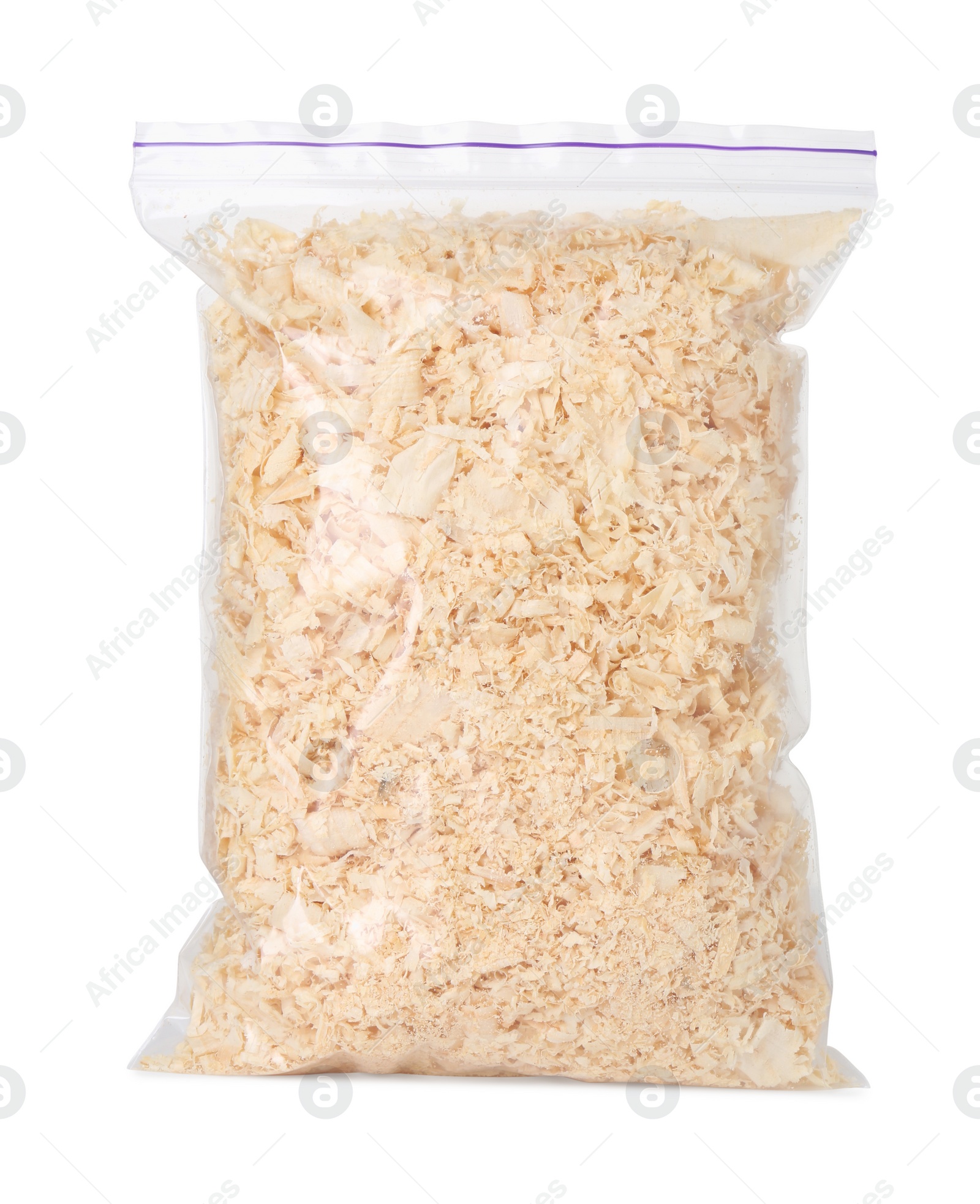 Photo of Natural sawdust in zip bag isolated on white
