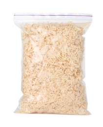 Photo of Natural sawdust in zip bag isolated on white