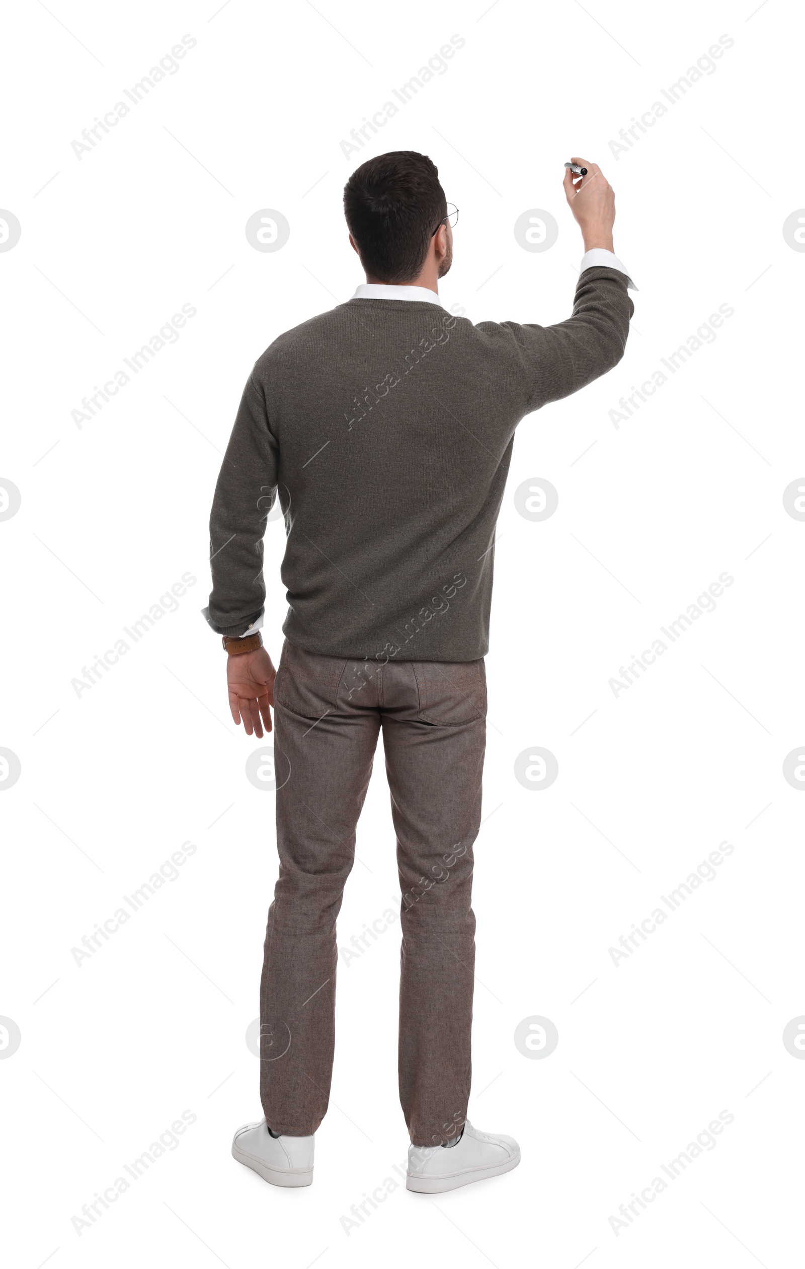 Photo of Businessman with marker on white background, back view