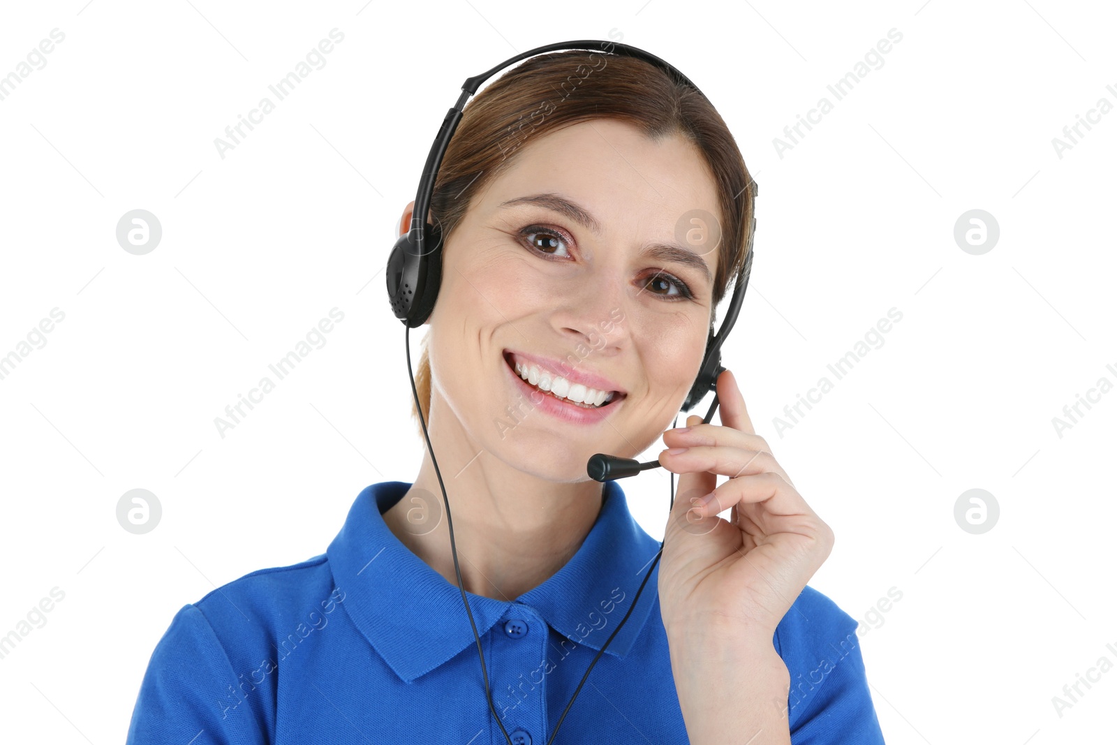 Photo of Female technical support operator with headset isolated on white