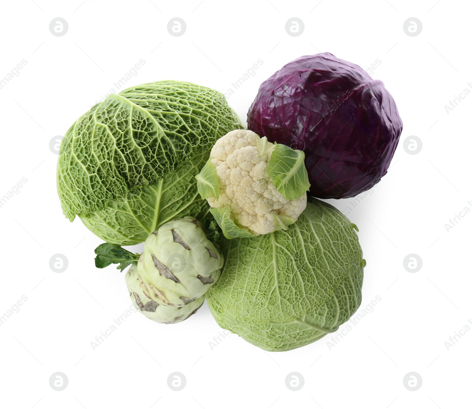 Photo of Many different types of fresh cabbage on white background, top view