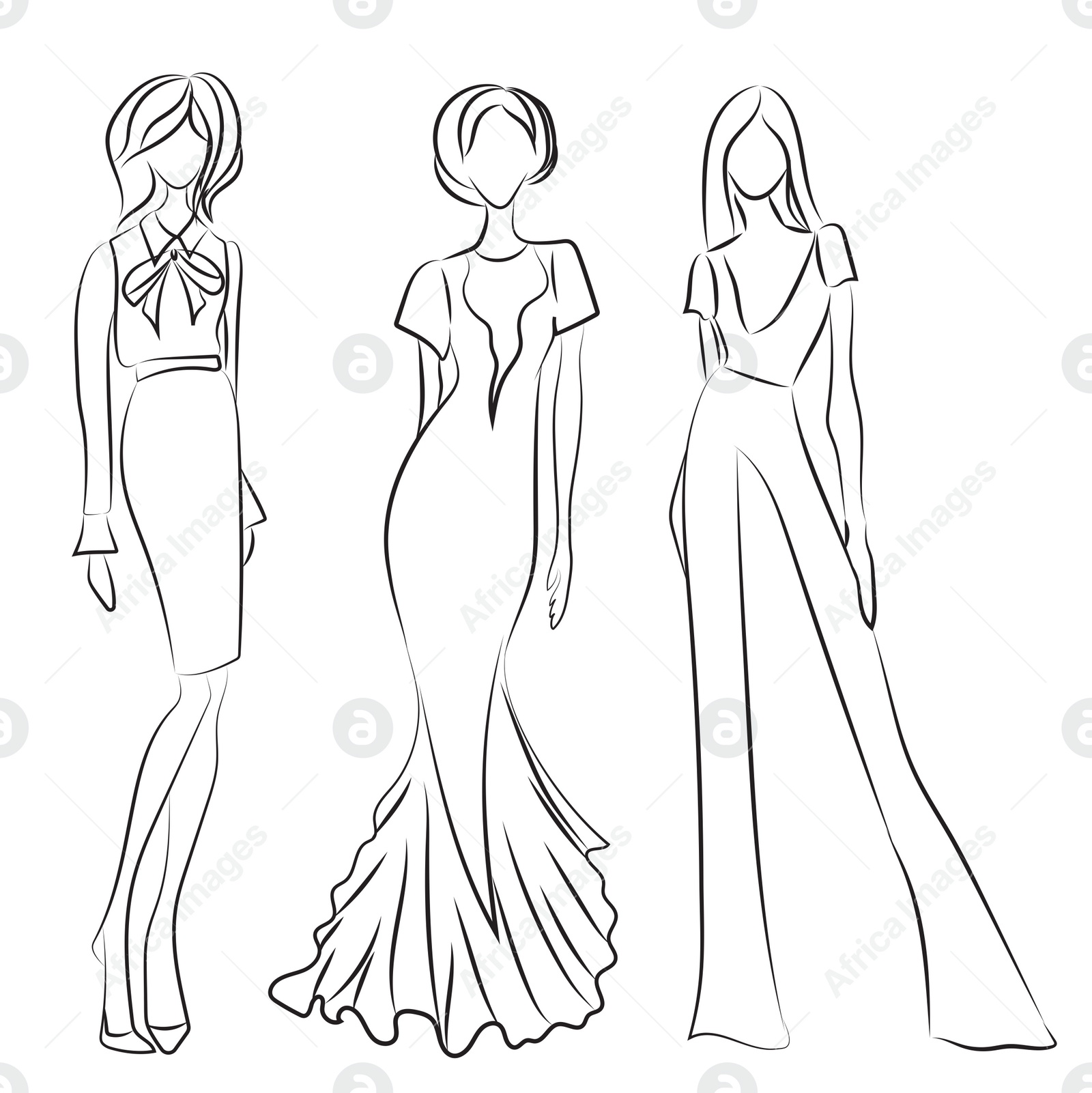 Illustration of Fashion sketch. Models wearing stylish clothes on white background, illustration