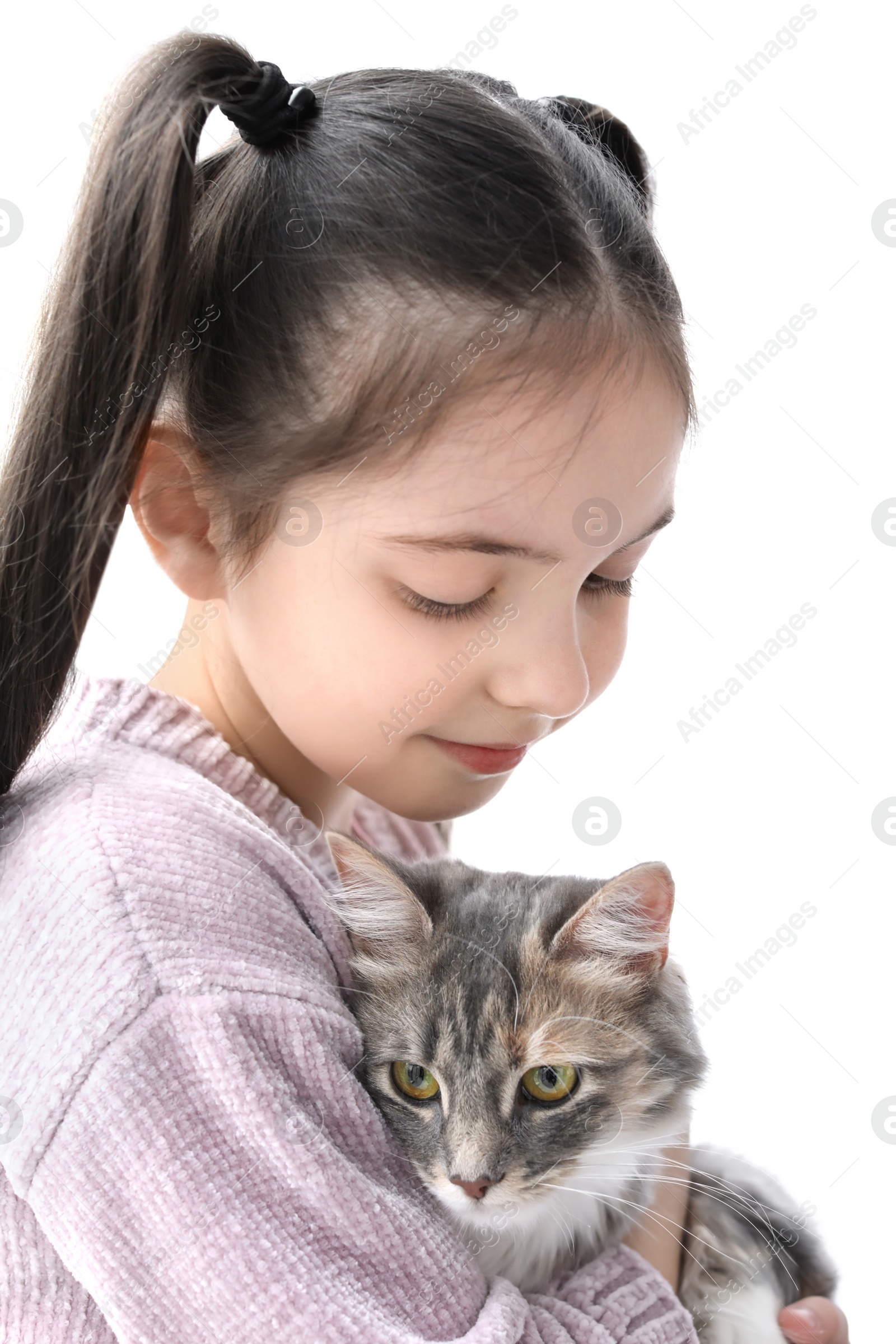 Photo of Cute little girl with cat near window at home