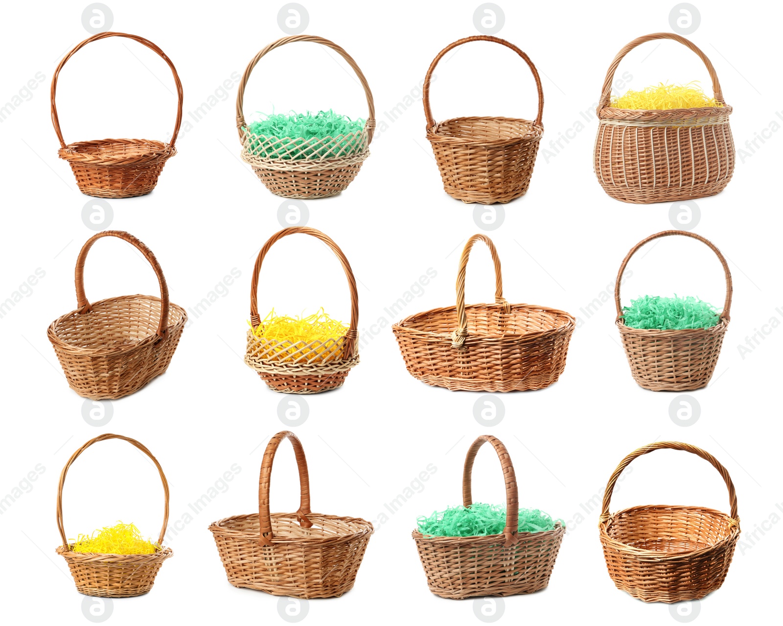 Image of Set with wicker baskets on white background. Easter item