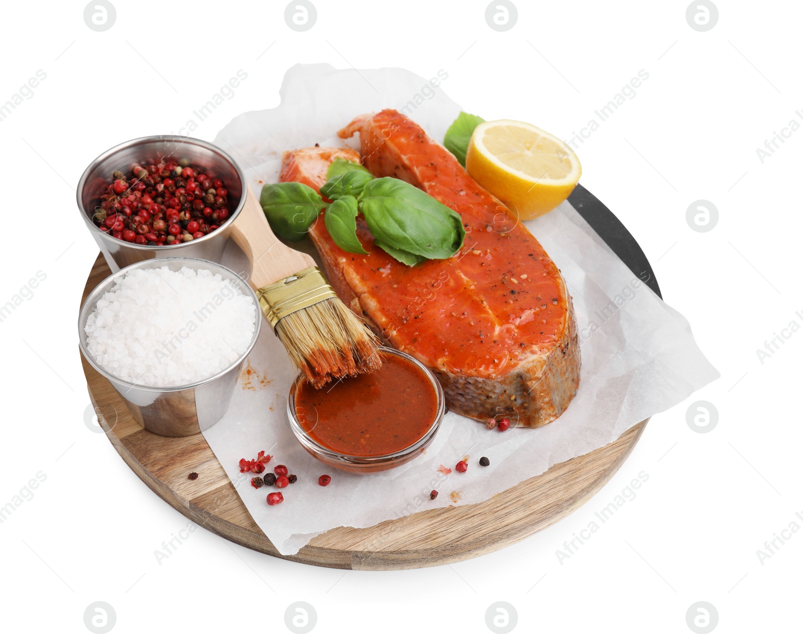 Photo of Fresh marinade, fish and other products isolated on white