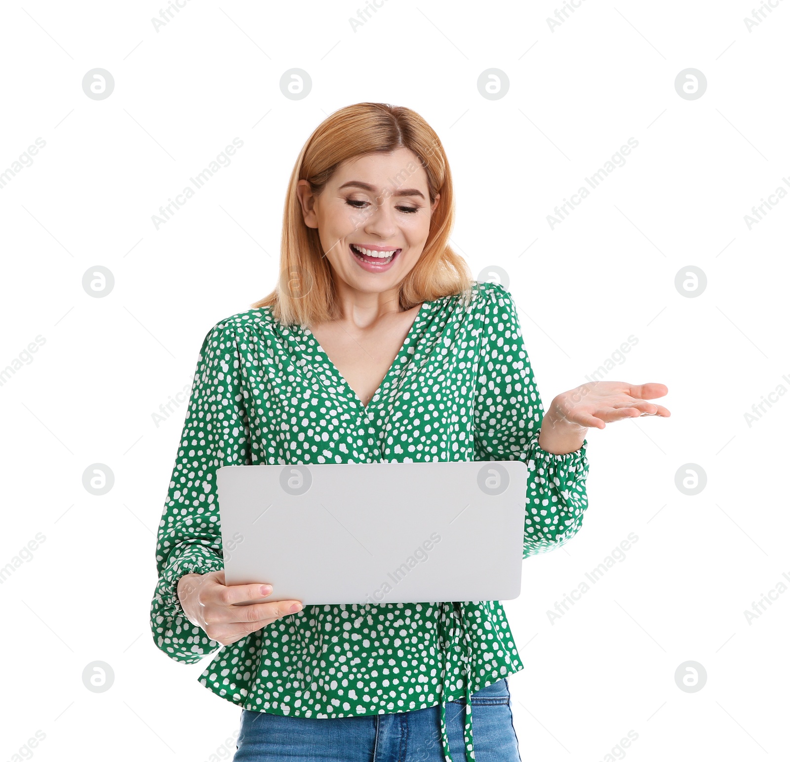 Photo of Woman using laptop for video chat isolated on white