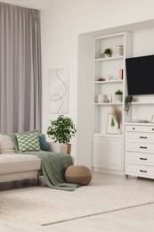 Photo of Stylish living room interior with comfortable sofa, TV set and houseplant