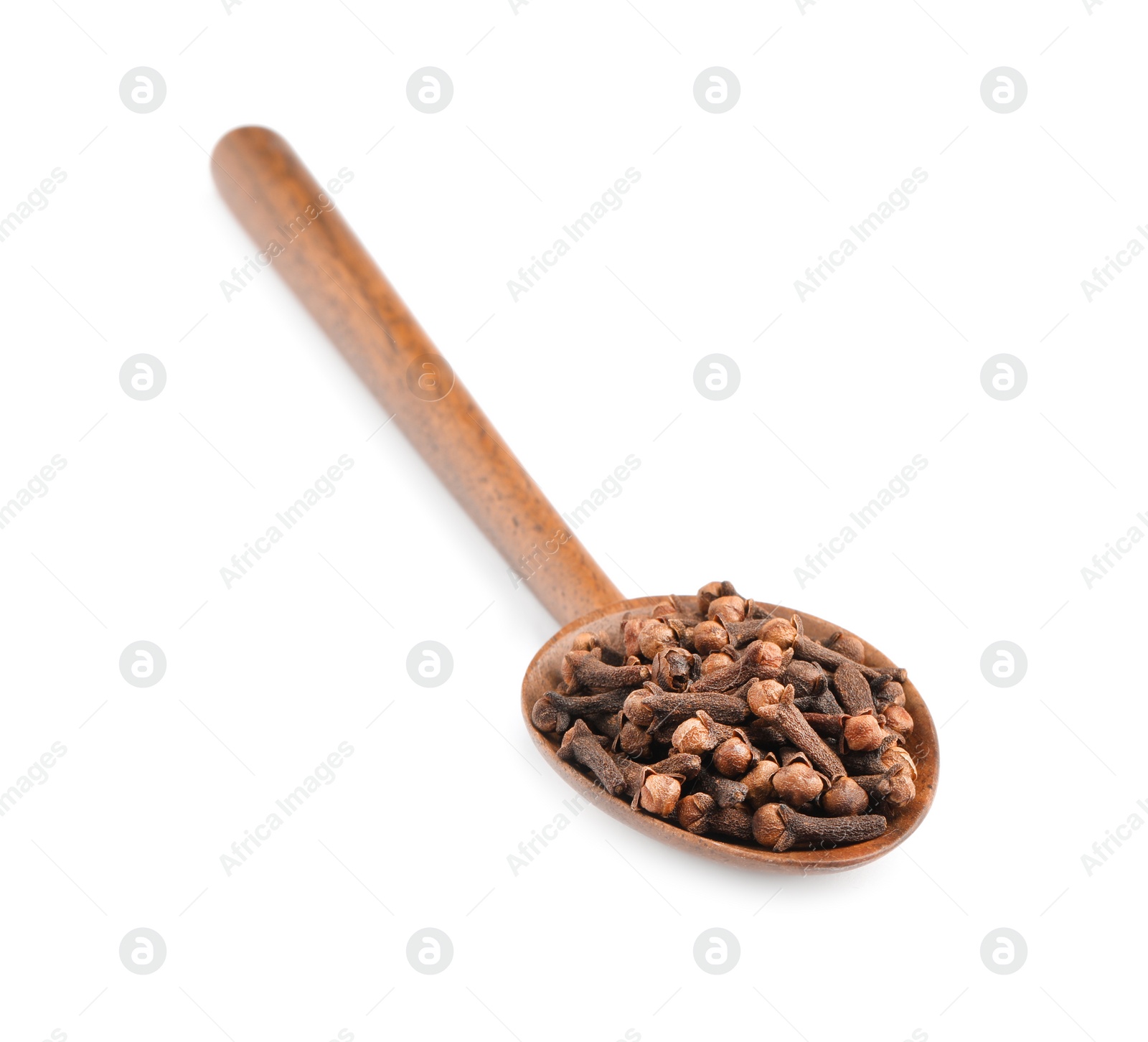 Photo of Wooden spoon with aromatic dry cloves isolated on white