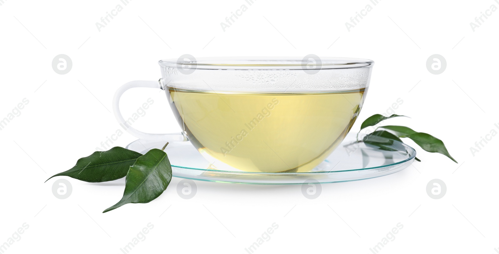 Photo of Refreshing green tea in cup and leaves isolated on white