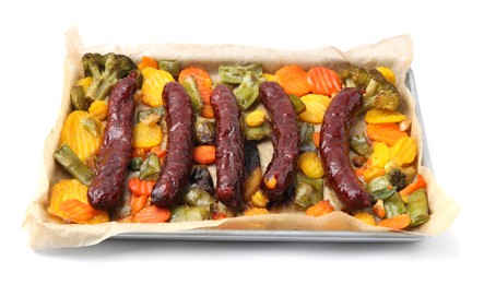 Photo of Baking tray with delicious smoked sausages and vegetables isolated on white