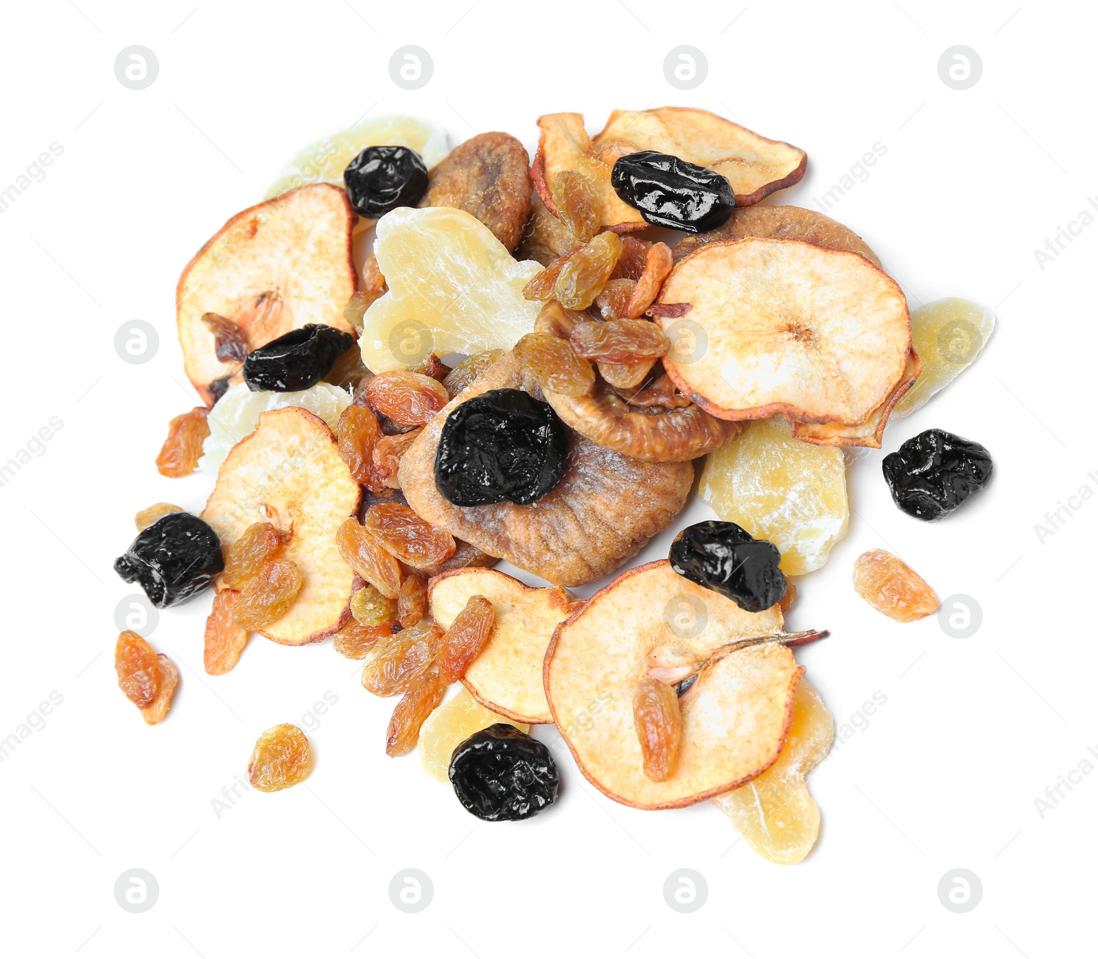 Photo of Pile of different tasty dried fruits on white background, top view