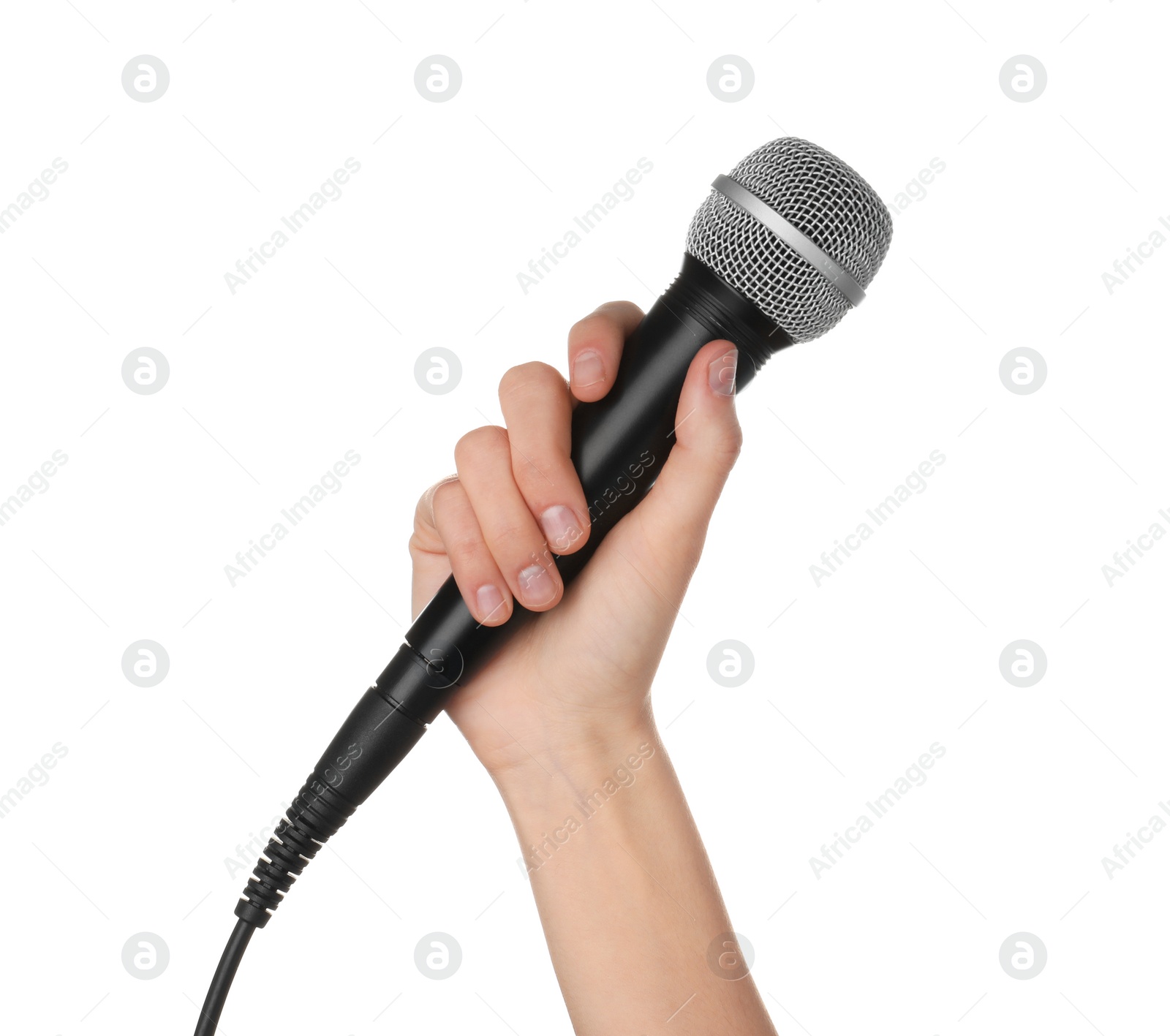 Photo of Woman holding dynamic microphone on white background, closeup