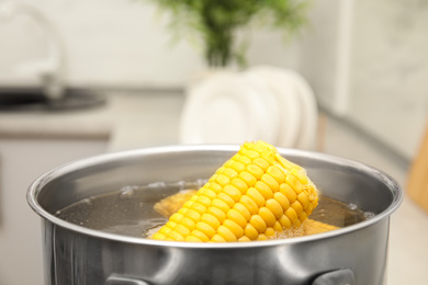 Pot with boiling corn in kitchen, closeup