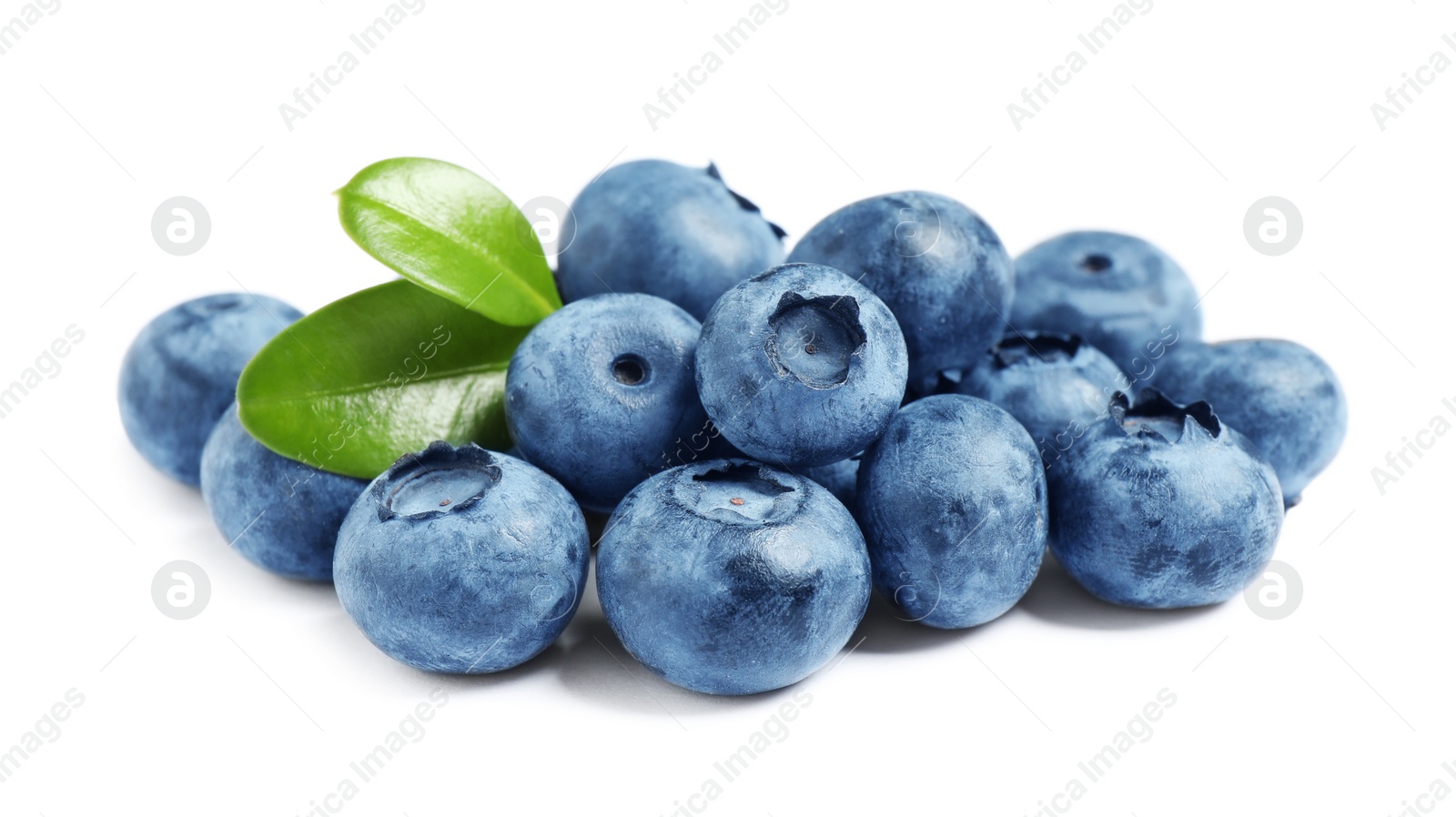 Photo of Fresh ripe blueberries with leaves on white background