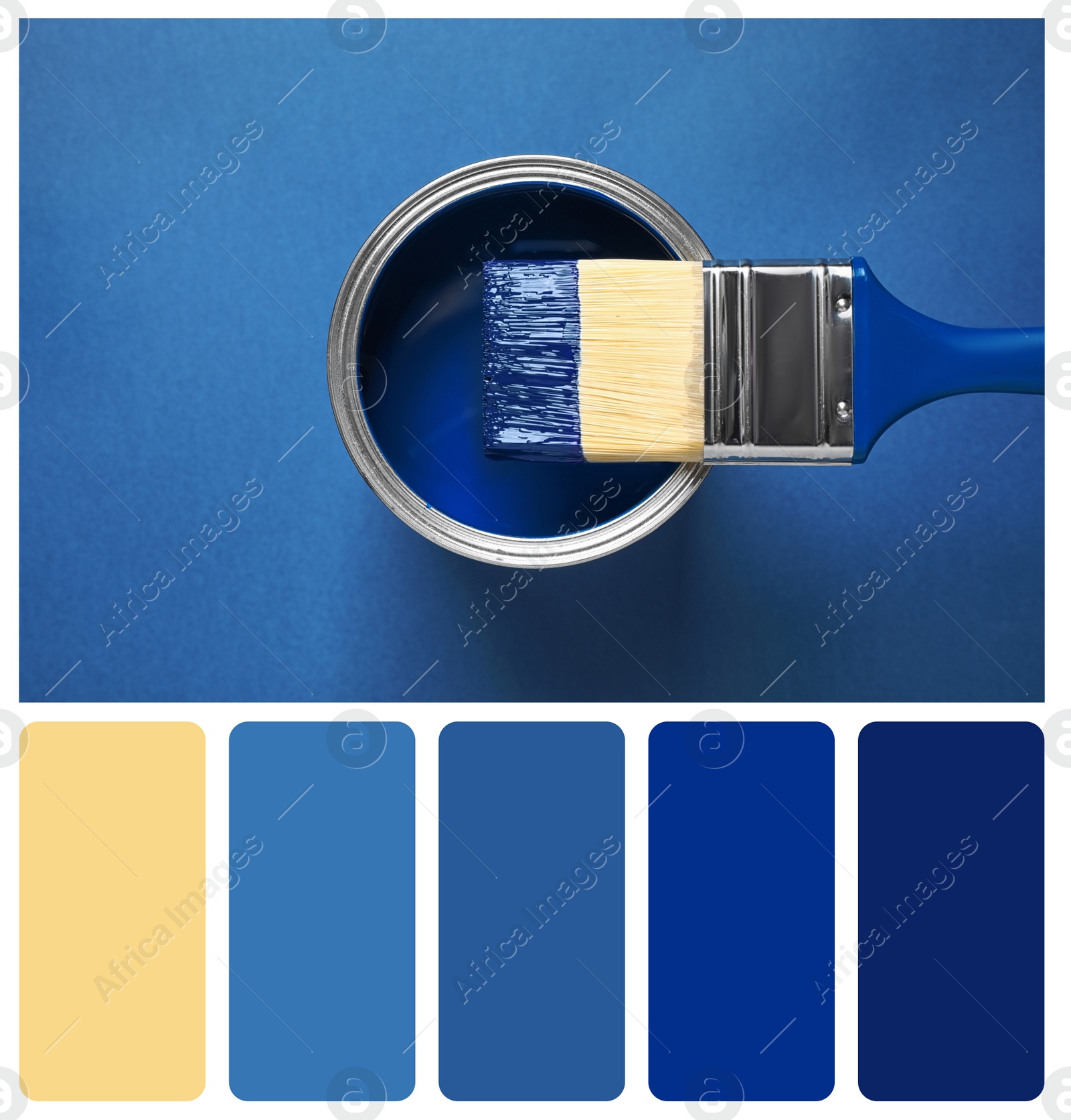 Image of Brush and can with paint on bright background, top view. Color of the year 2020 (Classic blue)