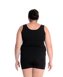 Photo of Fat woman on white background. Weight loss