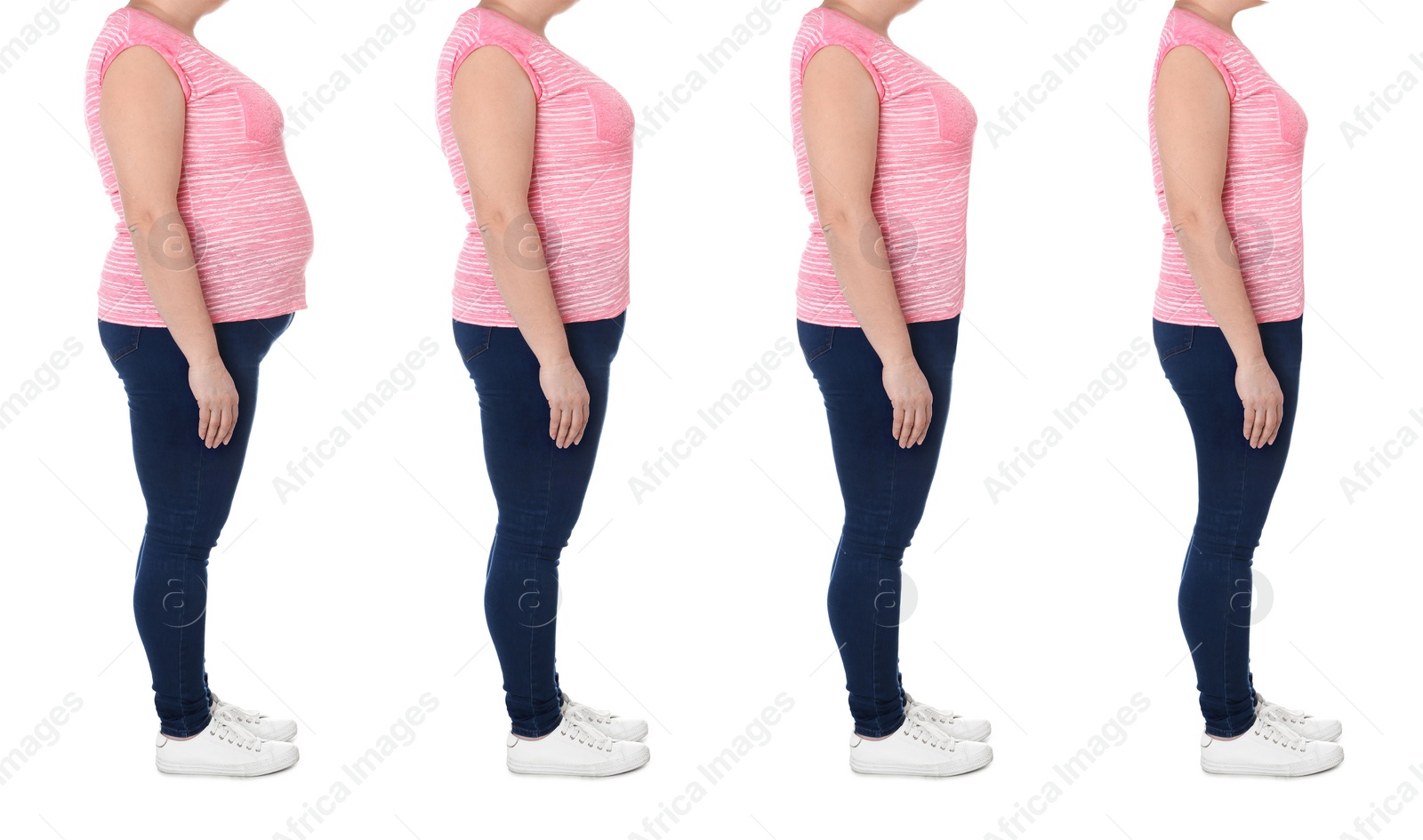 Image of Collage with photos of woman before and after weight loss diet on white background