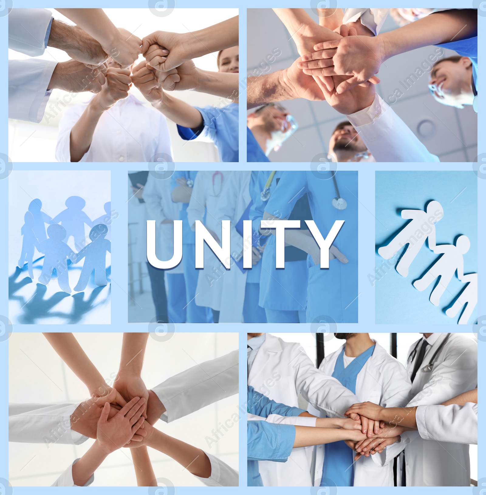 Image of Unity concept. Collage with team of medical workers and paper people chains, closeup 