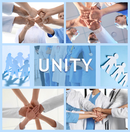 Unity concept. Collage with team of medical workers and paper people chains, closeup 