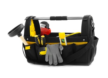 Plumber's tool bag on white background