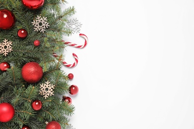 Photo of Christmas decoration on white background, top view. Space for text