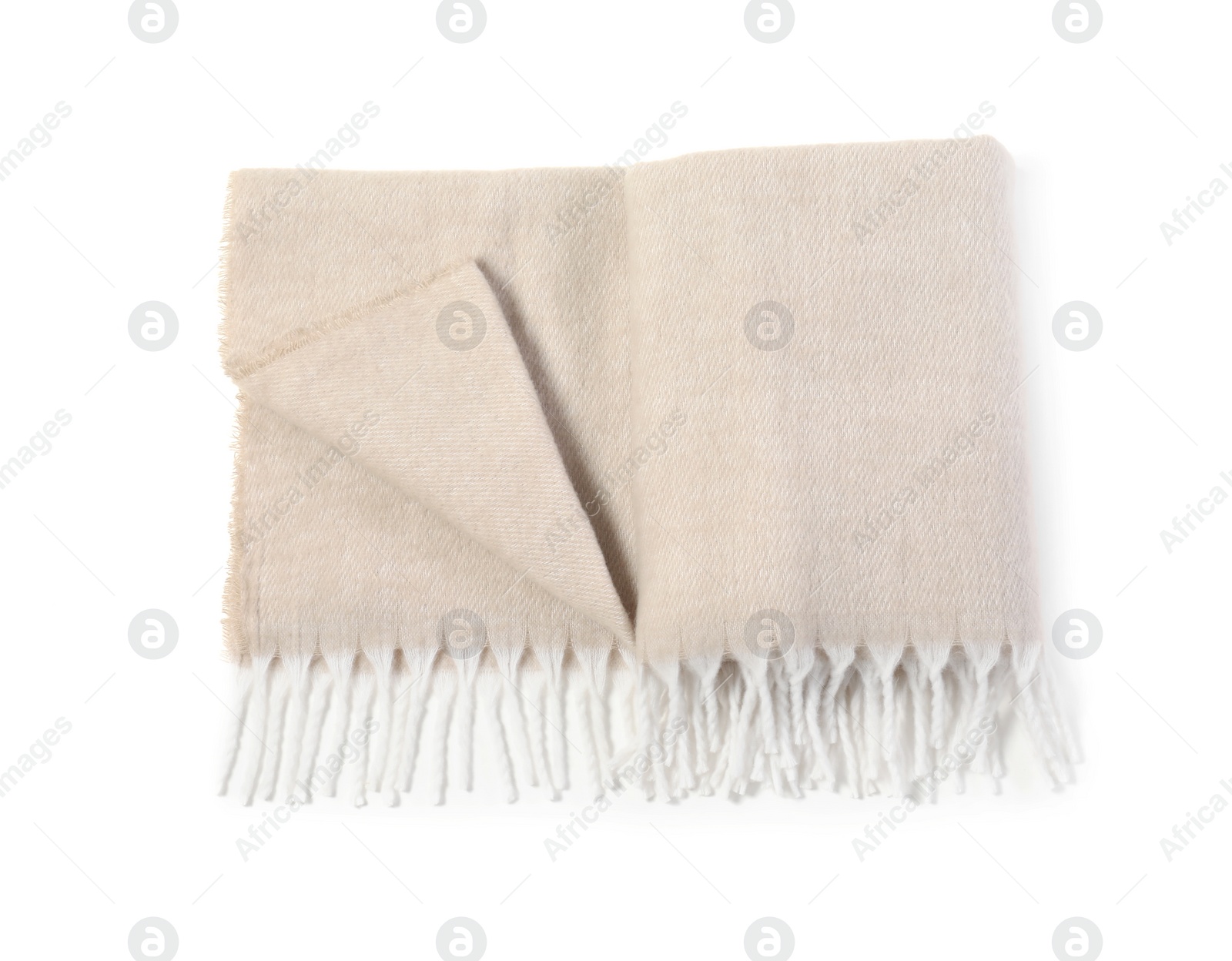 Photo of Beautiful beige blanket isolated on white, top view