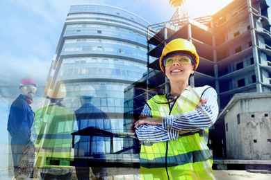 Image of Multiple exposure of female industrial engineer in uniform, workers and construction 