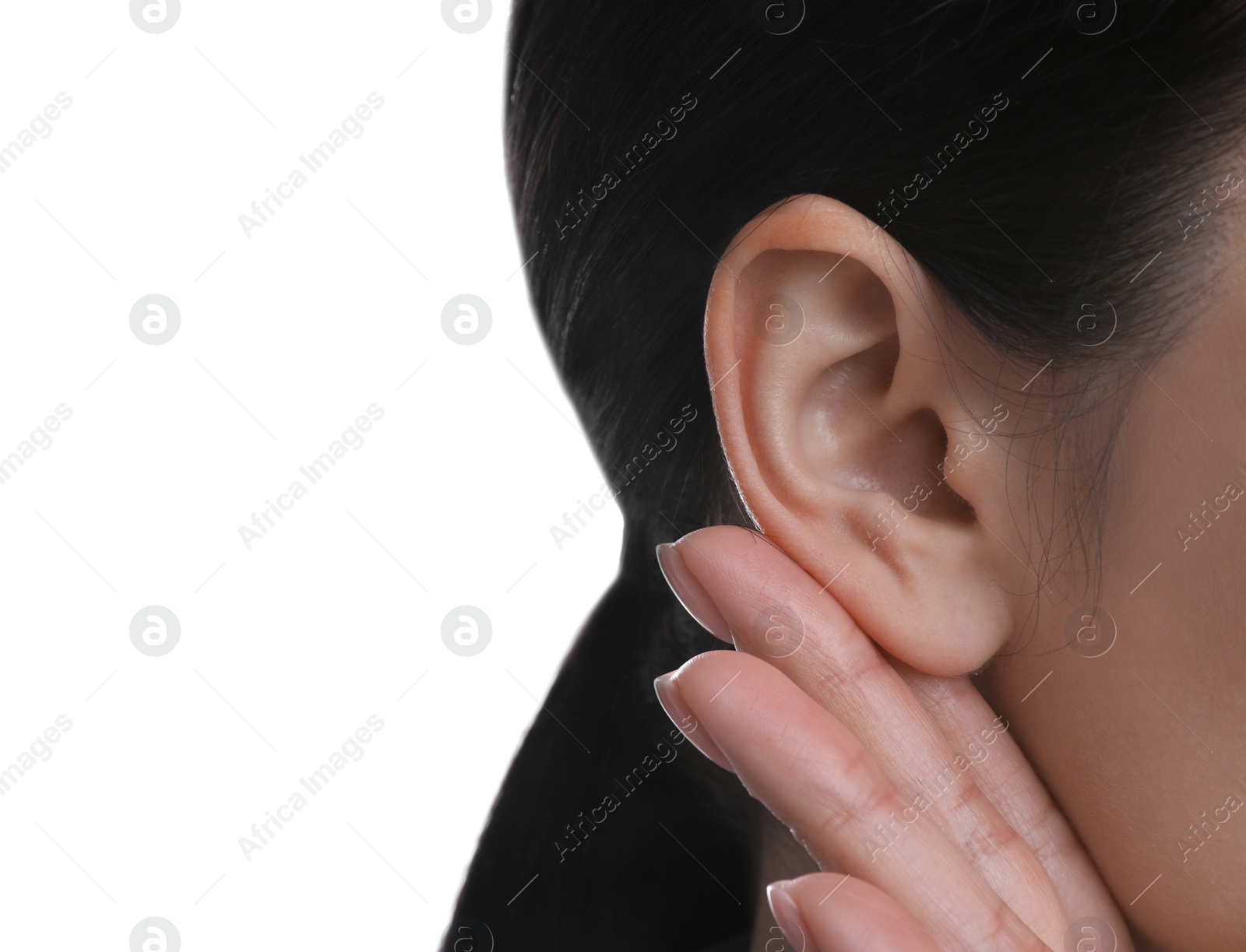 Photo of Woman showing hand to ear gesture on white background, closeup