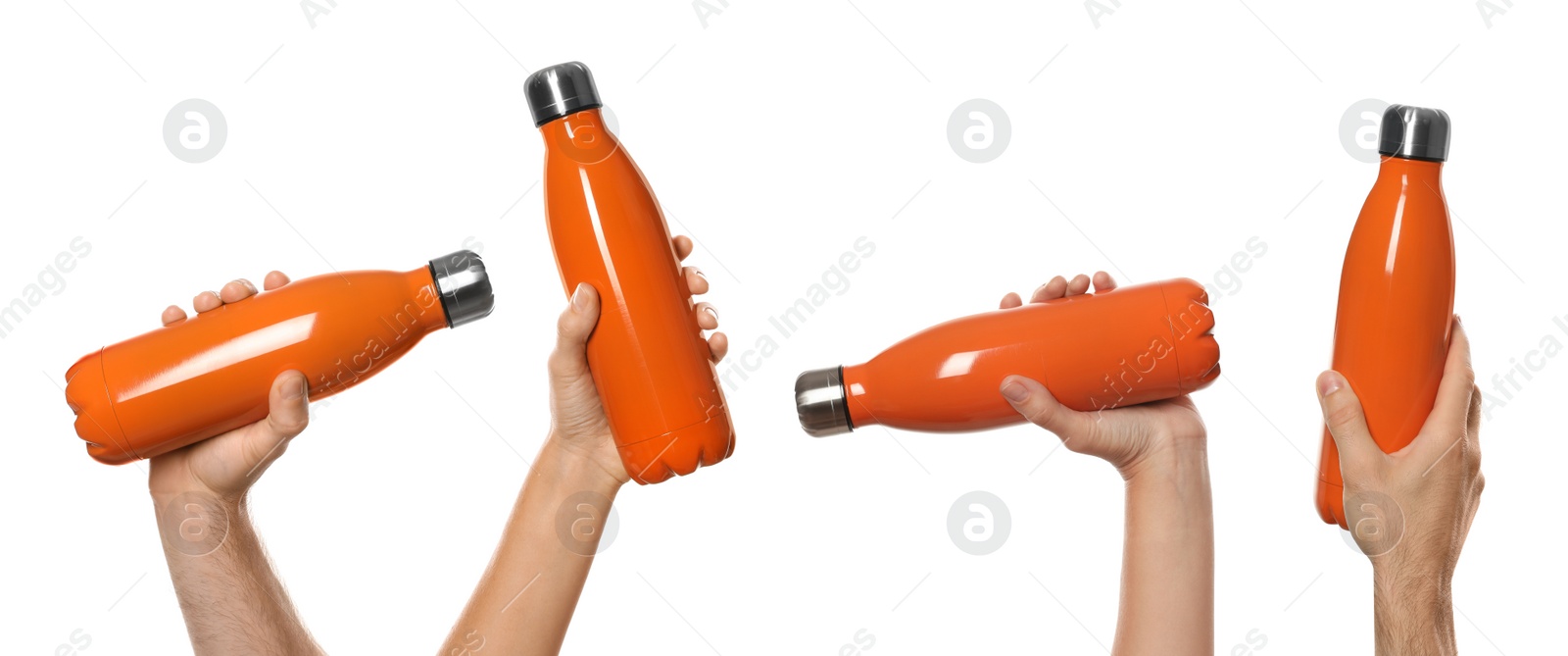 Image of People holding orange thermos bottles, collage of photos on white background. Banner design 