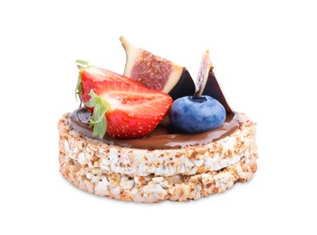 Photo of Tasty crispbread with chocolate, berries and figs on white background