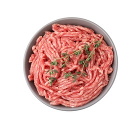 Photo of Fresh raw ground meat and thyme in bowl isolated on white, top view