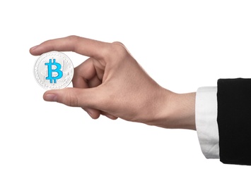 Person holding bitcoin isolated on white, closeup
