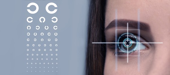 Vision test chart and laser reticle focused on woman's eye against light grey background, closeup. Banner design