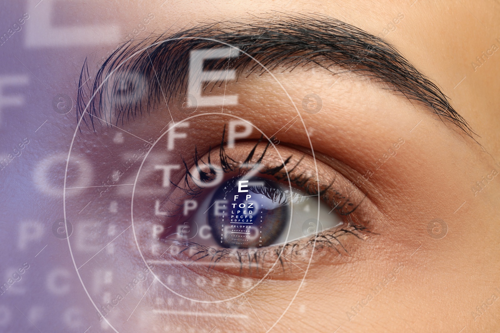 Image of Closeup view of woman and eye chart illustration. Visiting ophthalmologist