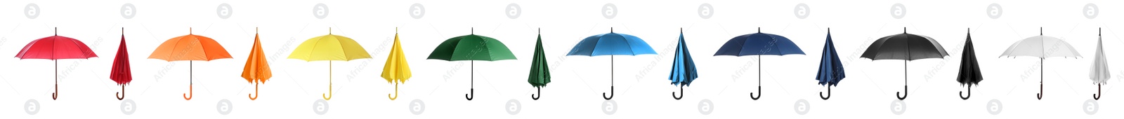 Image of Set with different stylish umbrellas on white background. Banner design 